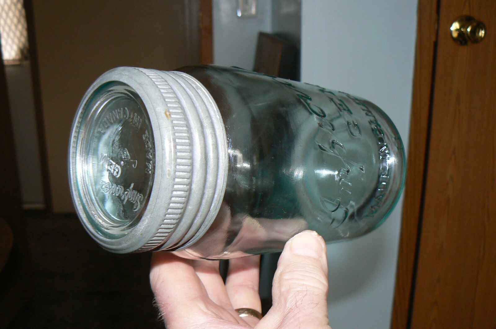 RARE 1920s Qt. Improved Gem Blue glass canning jar made by ( SDH ) from Canada,