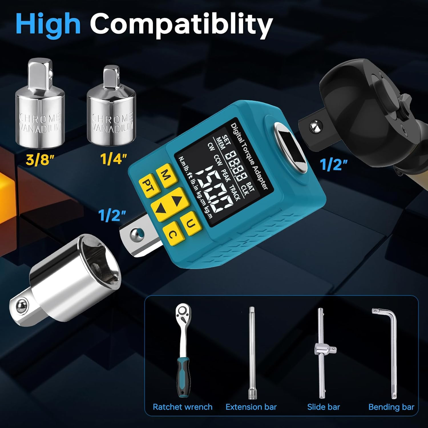 1/2" Digital Torque Adapter, (±1% Accuracy, 7.4-150Ft-Lb) Digital Torque Wrench