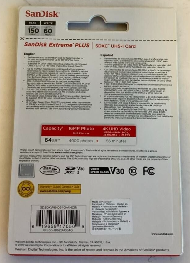 NEW SanDisk SDSDXW6-064G-ANCIN Extreme PLUS 64GB SDXC UHS-I Memory Card