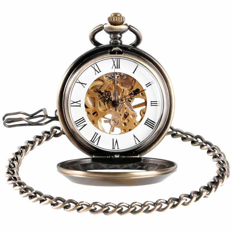 Men's Mechanical Pocket Watch Vintage Bronze with Pendant Chain Christams Gifts