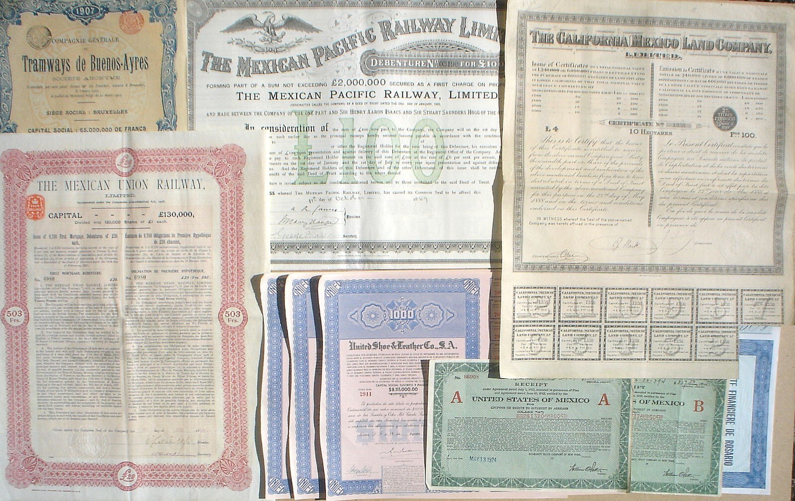 Mexico 10 x Mexican Stocks & Bonds uncancelled + coupons