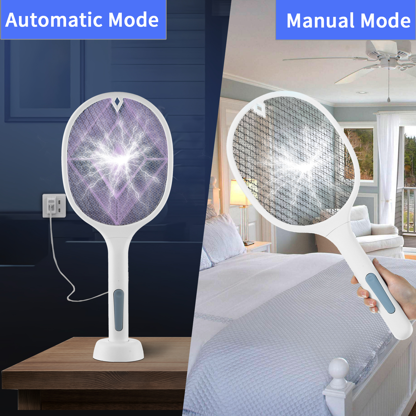 Rechargeable Dual-Mode Electric Fly Swatter Bug Zapper With Base, Lightweight