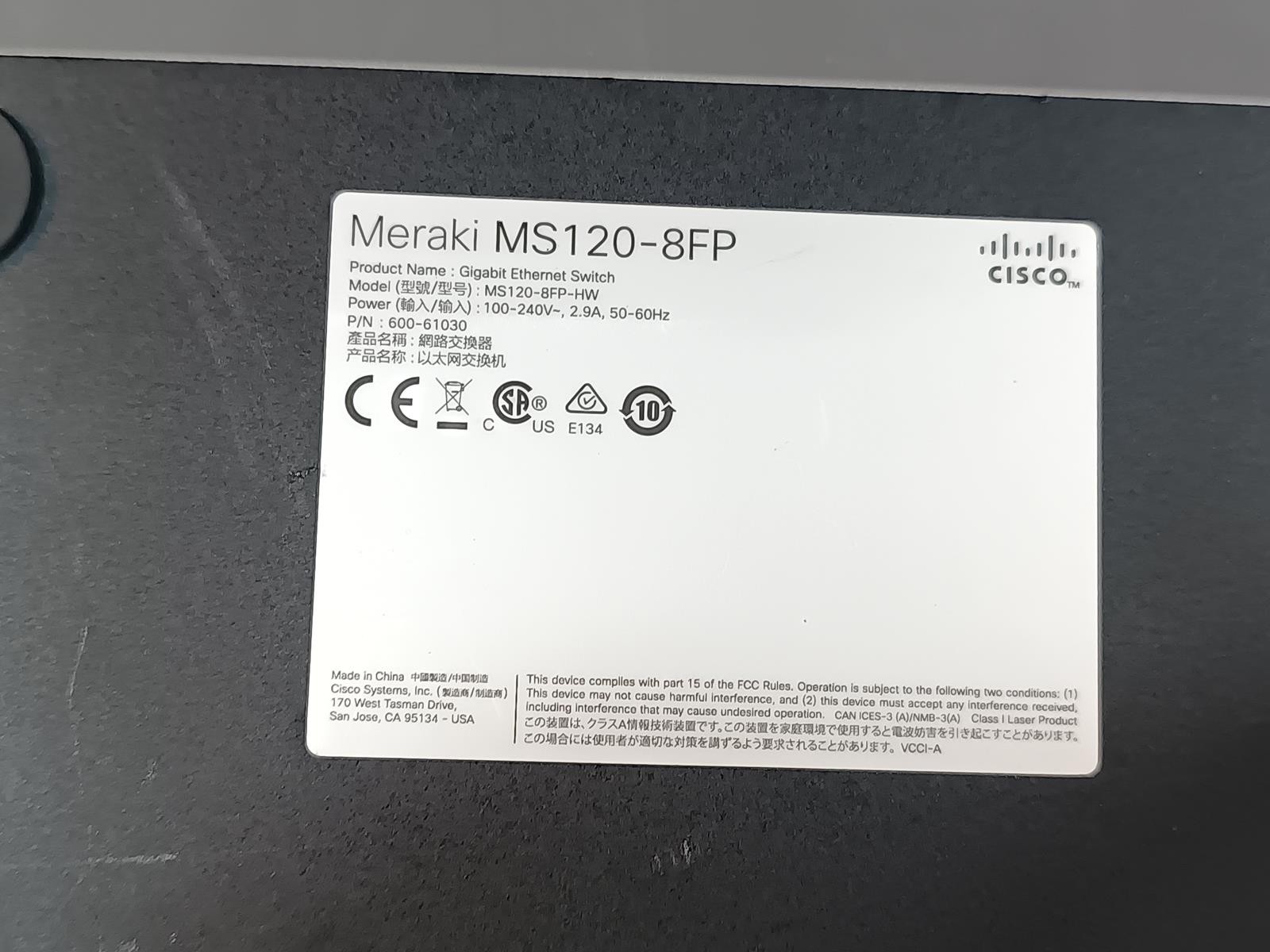 Cisco Meraki MS120-8FP-HW 8-Port Gigabit PoE+ Switch 2x SFP Cloud Managed