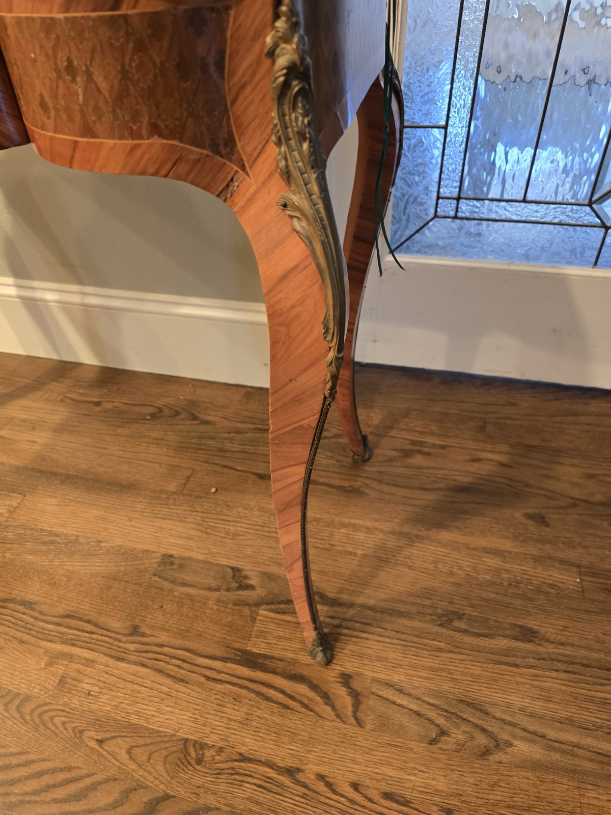 "Antique vanity table from the late 1800s with intricate inlay & a hidden mirror