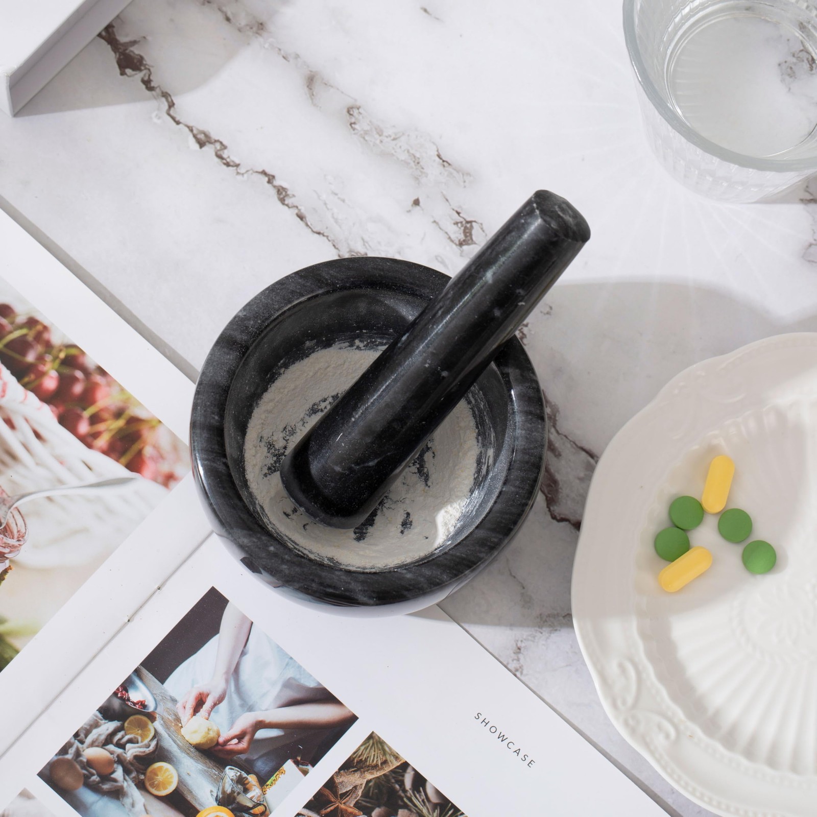 Pill Crusher, Mini Marble Mortar and Pestle Set, Pill Crusher Grinder Fine Po...