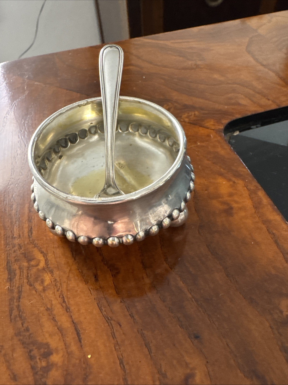 Silver Salt Cellar Beaded Rim ,Ball Footed With Sterling Salt Spoon