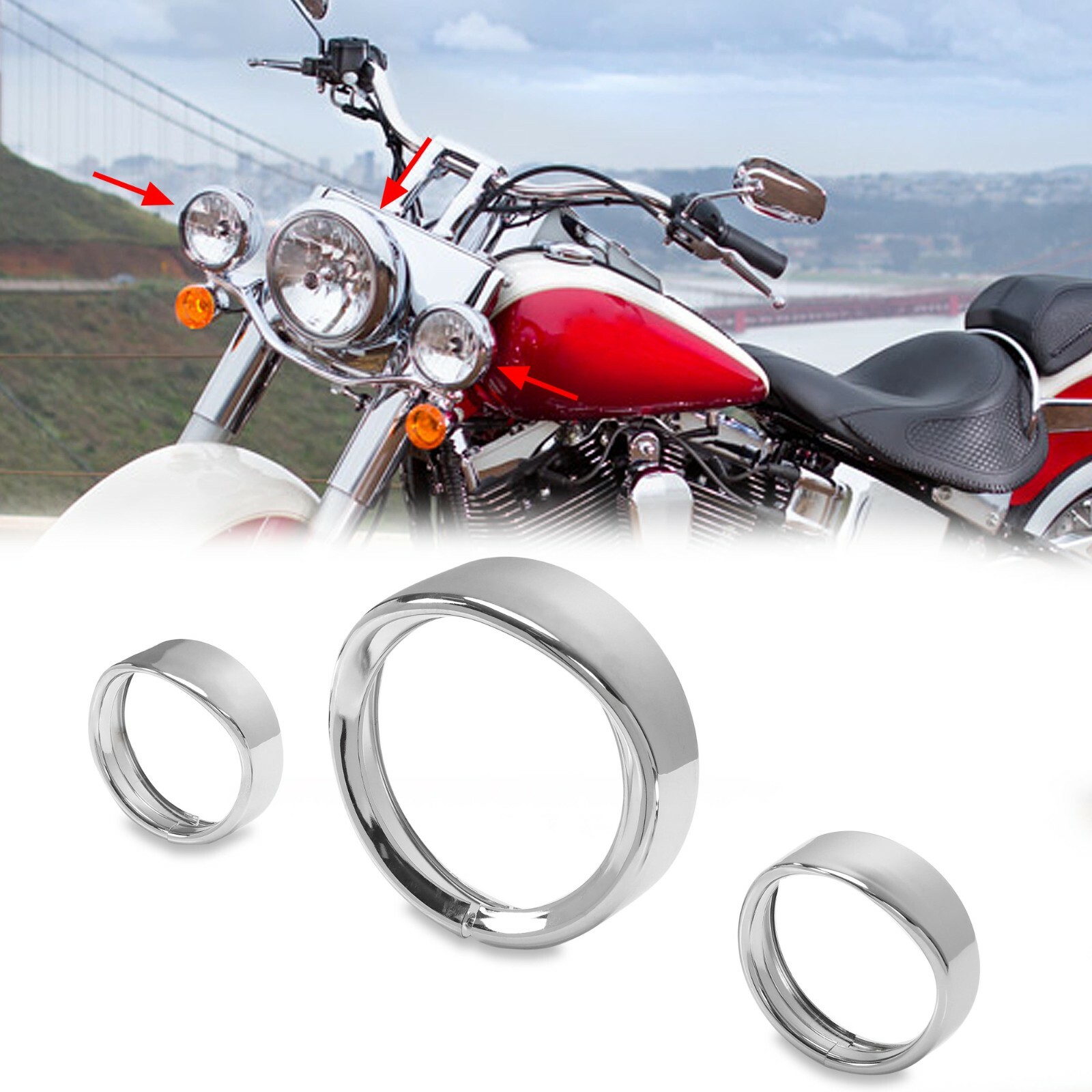 7" + 4.5" Headlight Fog Light Visor Style Trim Ring For Harley Touring Dyna