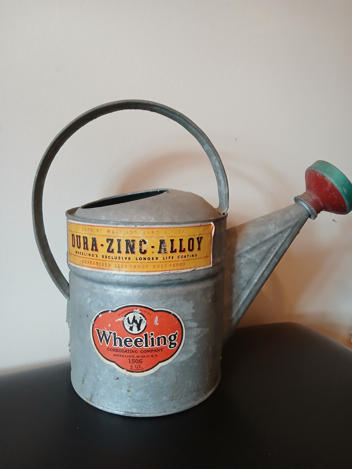 Vintage Wheeling 6 Qt Galvanized Watering Can with Sprinkler Head