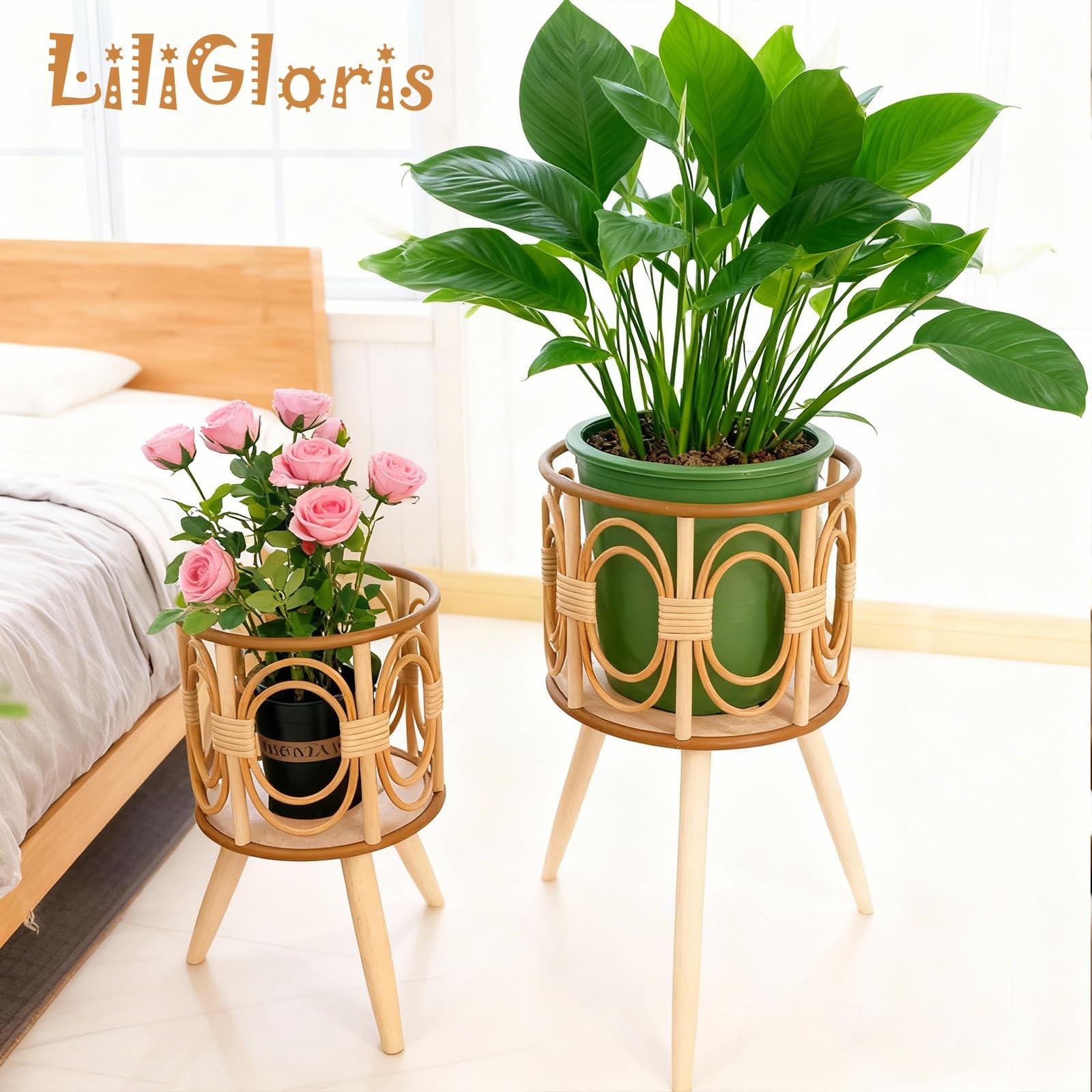 Boho Rattan Plant Stand Indoor Outdoor - 2 Rattan Wicker Planter Shelf for Mu...