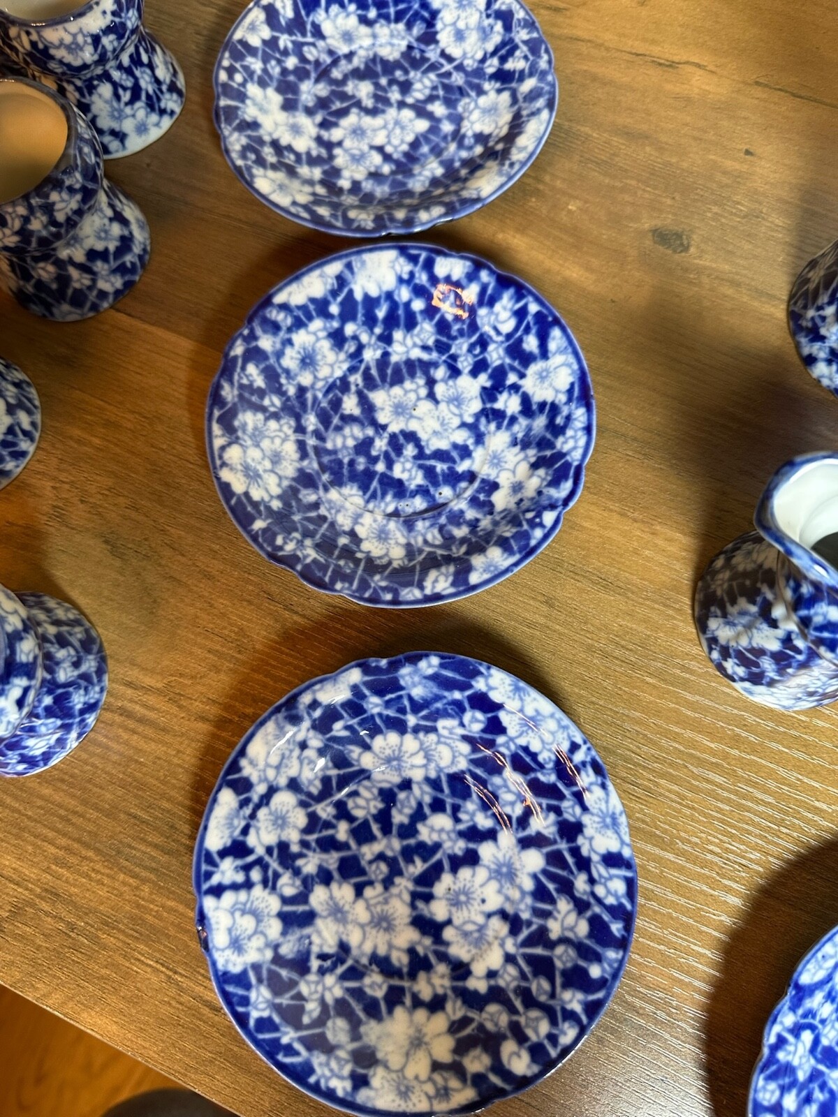 Victoria Ware Stoneware Small Tea Cups Saucers Sugar Creamer Cobalt Flue Floral