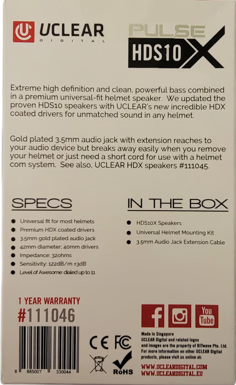 U-Clear HDS10X Helmet Speakers Motorcycle Street Bike Dirt Bike 111046