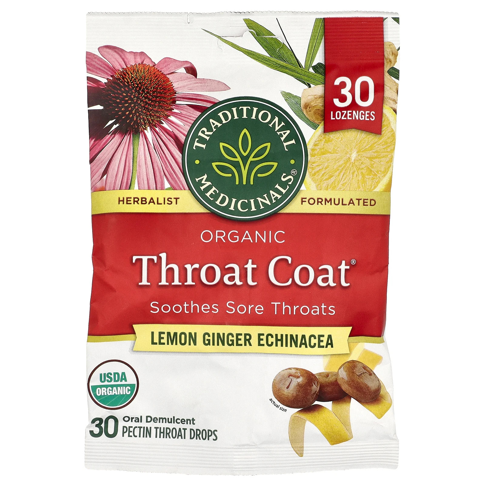 Organic Throat Coat® Drops, Lemon Ginger Echinacea, 30 Pectin Throat Drops