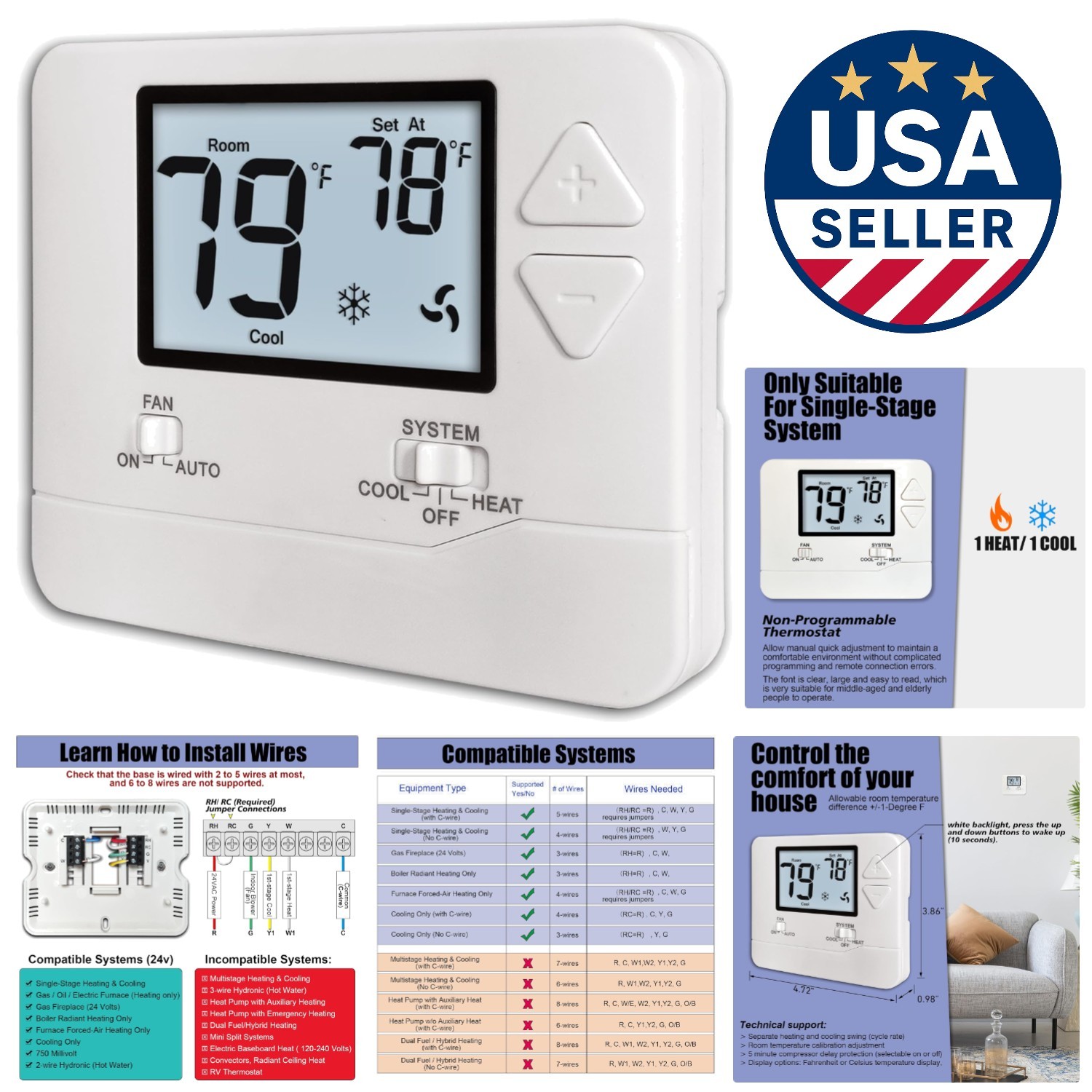 Effortless Temperature Control with White Backlight Non-Programmable Thermostat