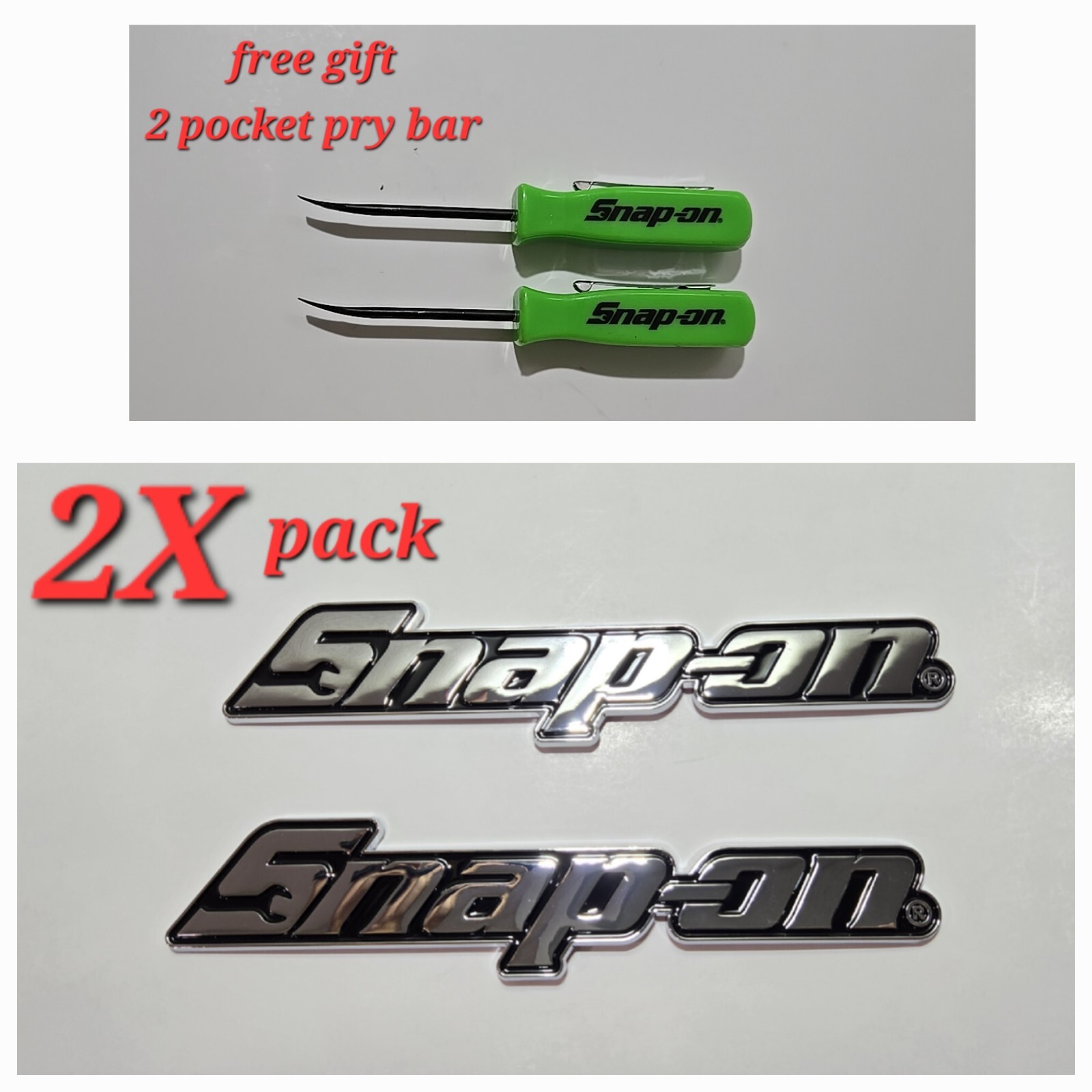 2PK SNAP ON TOOL BOX LOGO EMBLEM Chrome Plastic Badge Decal 8"+2 Green Pry Bar !