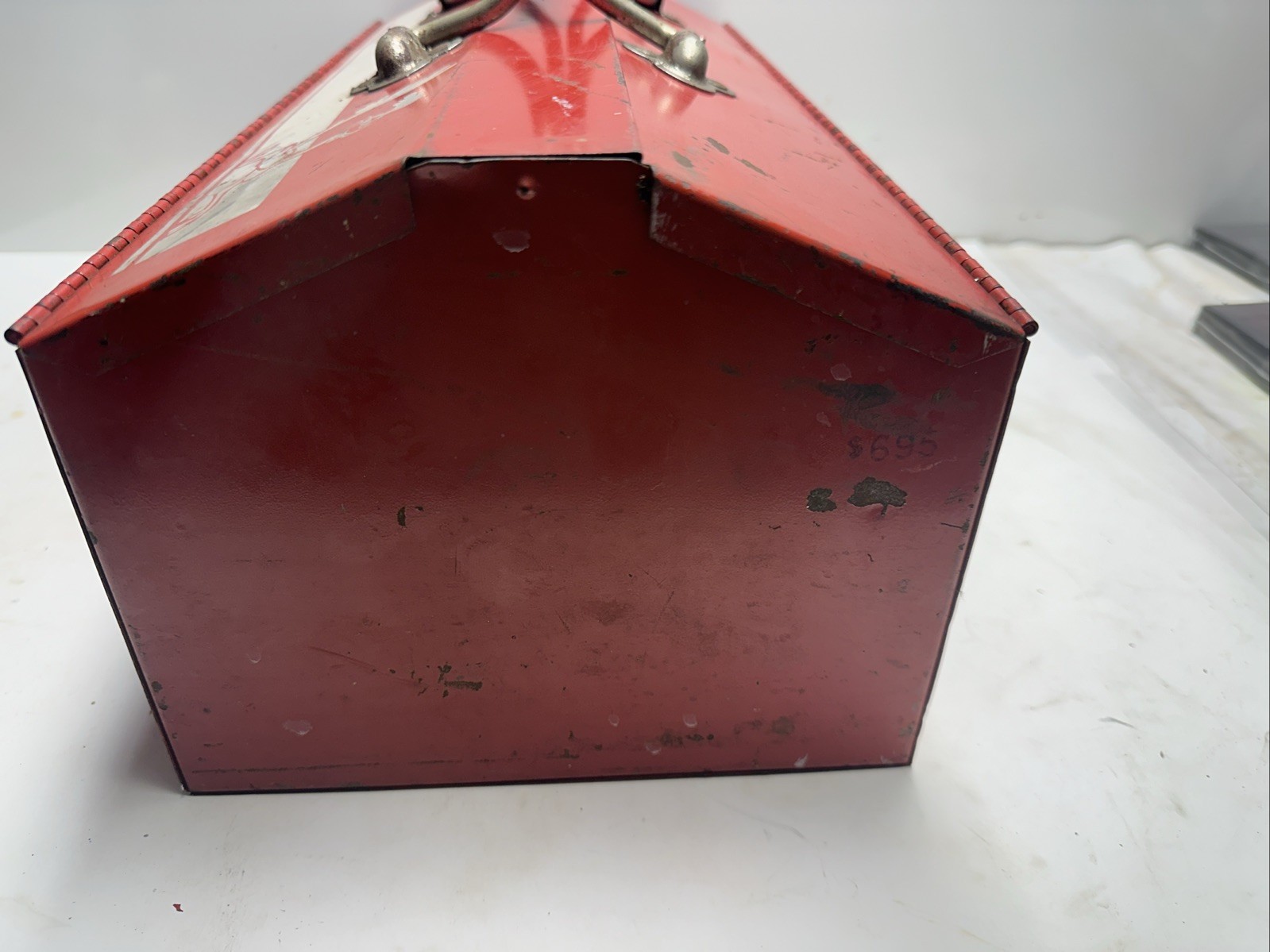 Vintage Metal Tool Box Red with White Road Runner Decal