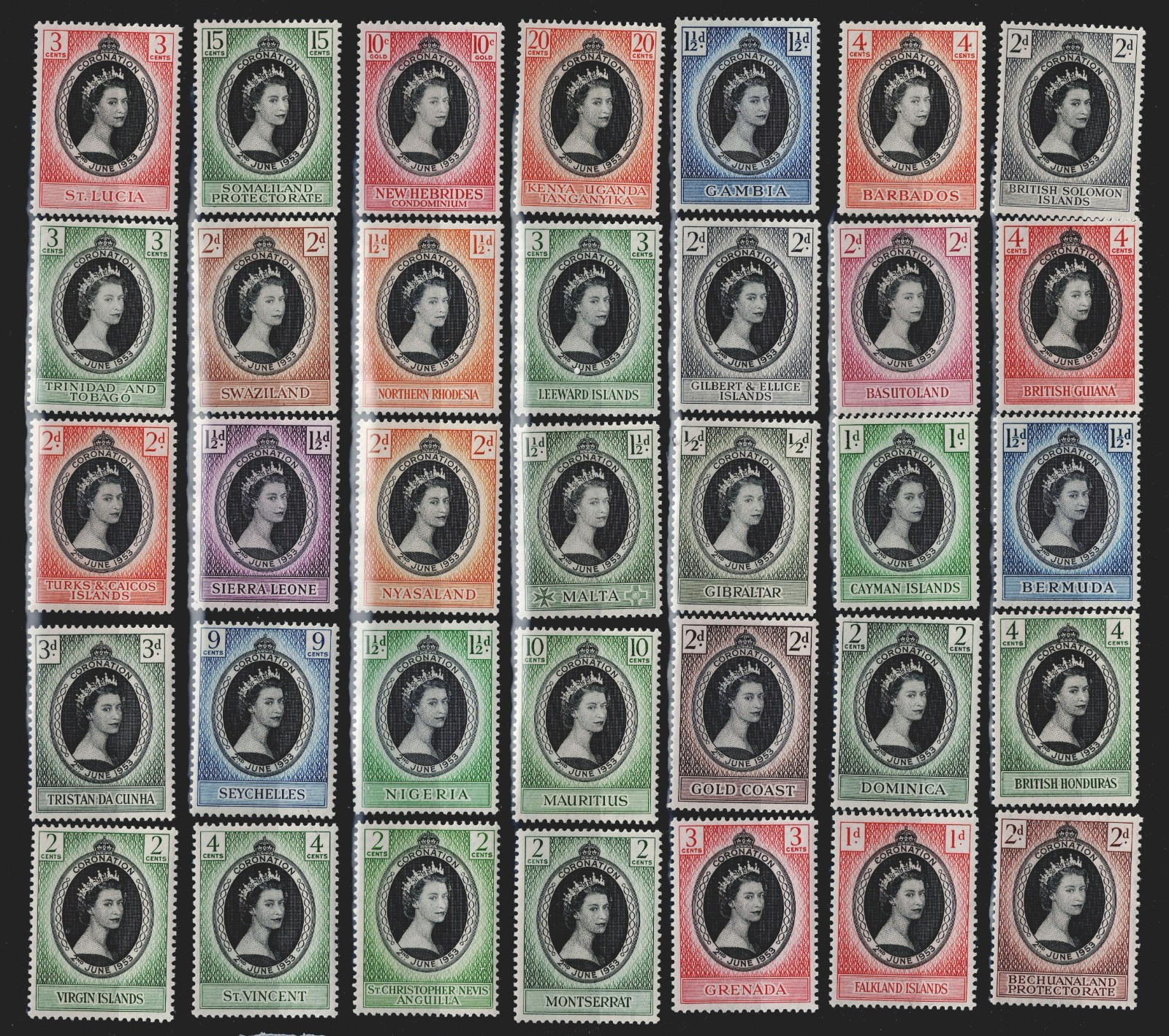 British Colonial Empire Royalty Queen Elizabeth Coron long set 1953 MNH CV$50 AB