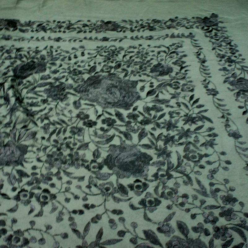 Antique Silk Shawl Wrap Piano Scarf HAND EMBROIDERED FLORAL WITH FRINGE 51"inch