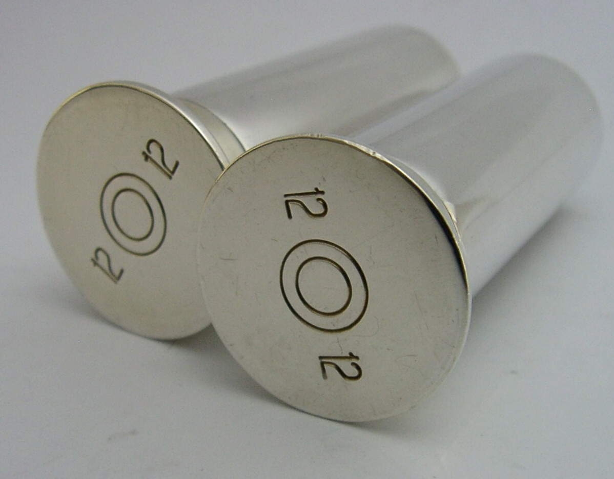 BOXED STERLING SILVER SHOOTING GUN CARTRIDGE SALT PEPPER POTS 2000 CRUET ENGLISH