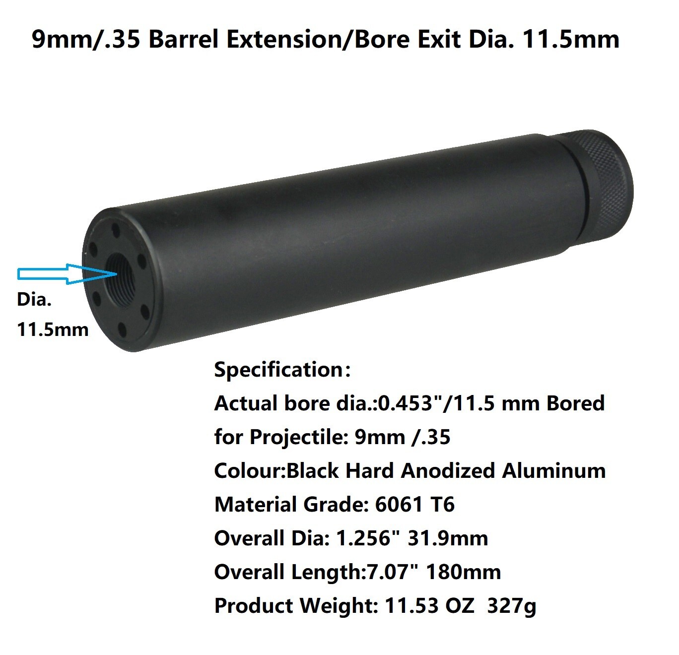 Ruger PC 9 mm Barrel Extension Solid Tube Muzzle Brake 1/2x28 TPI,Hard Anodized