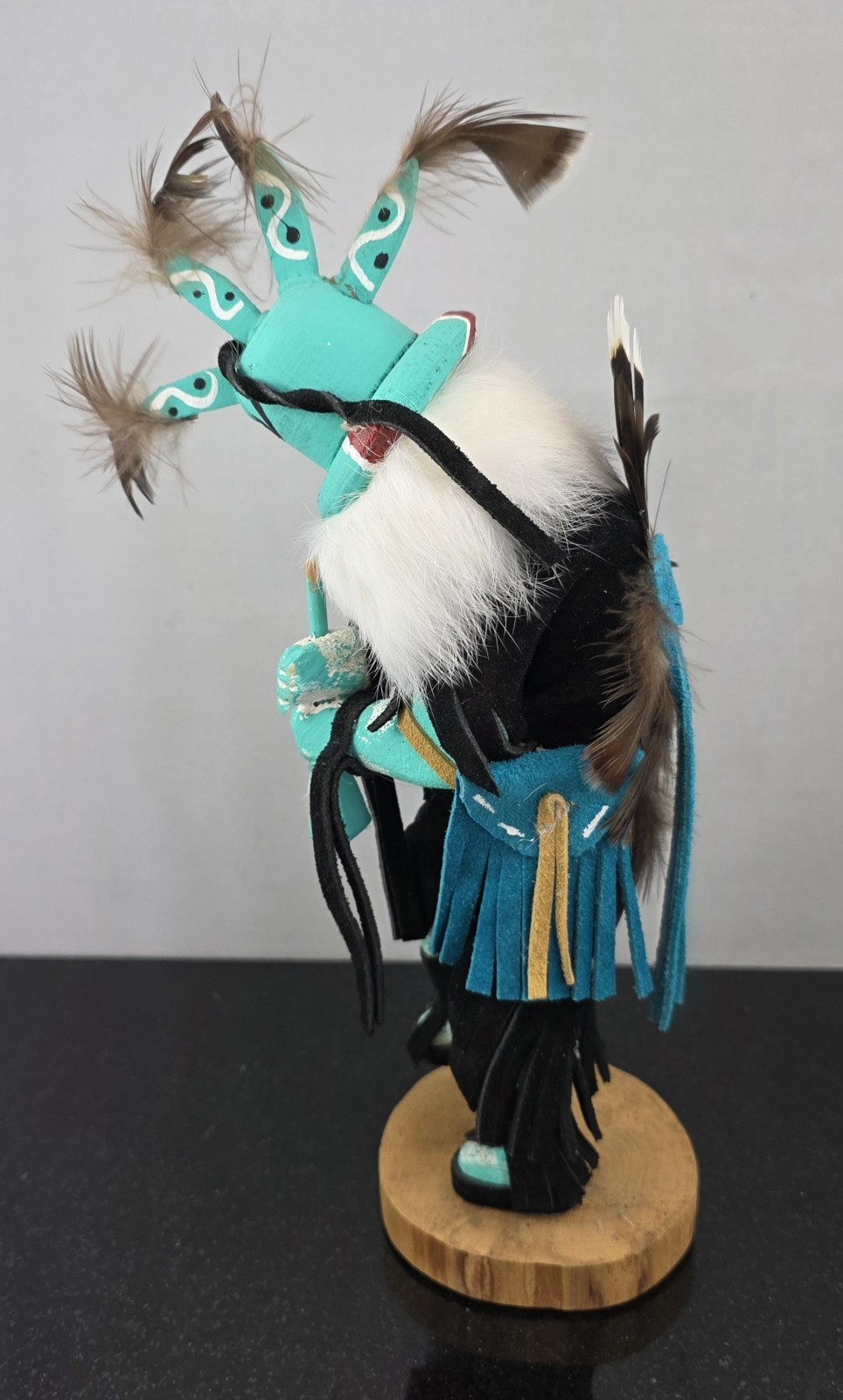 Vintage Kokopelli Kachina Doll Leather Wood Fur Feathers 11.5″ - Corrina Edsitty