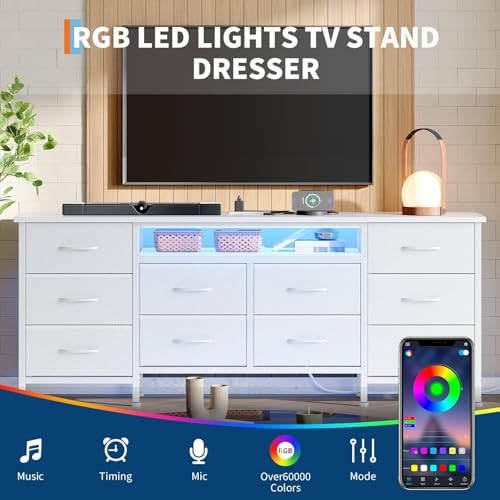 63 Inch 10-Drawer Dresser with LED Lights & Power Outlets, Wide Fabric White