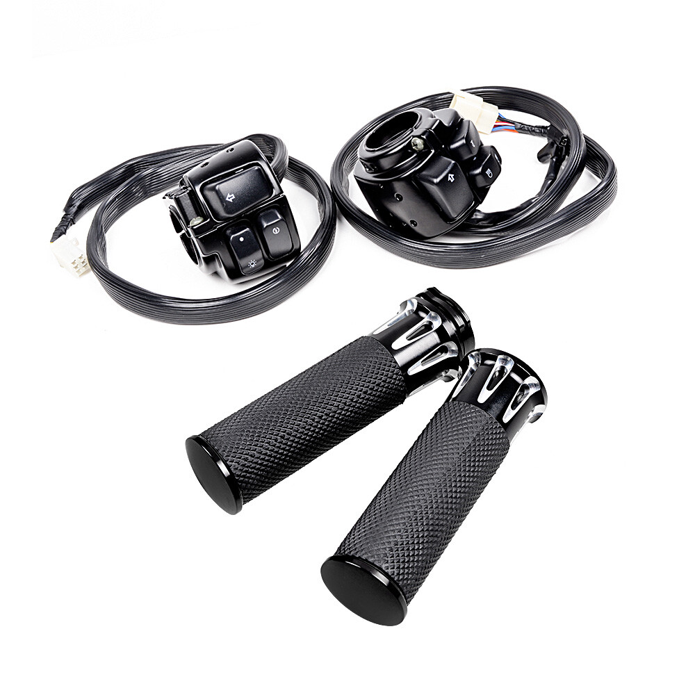 Black Motorcycle 1" Handlebar Hand Grips w/Switches Controls Housing For Harley