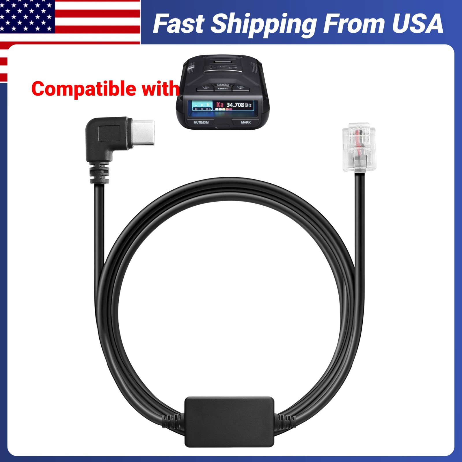 Radar Detector Cable USB-C to RJ11 for Uniden R1 R3 R7 Escort Passport 9500i