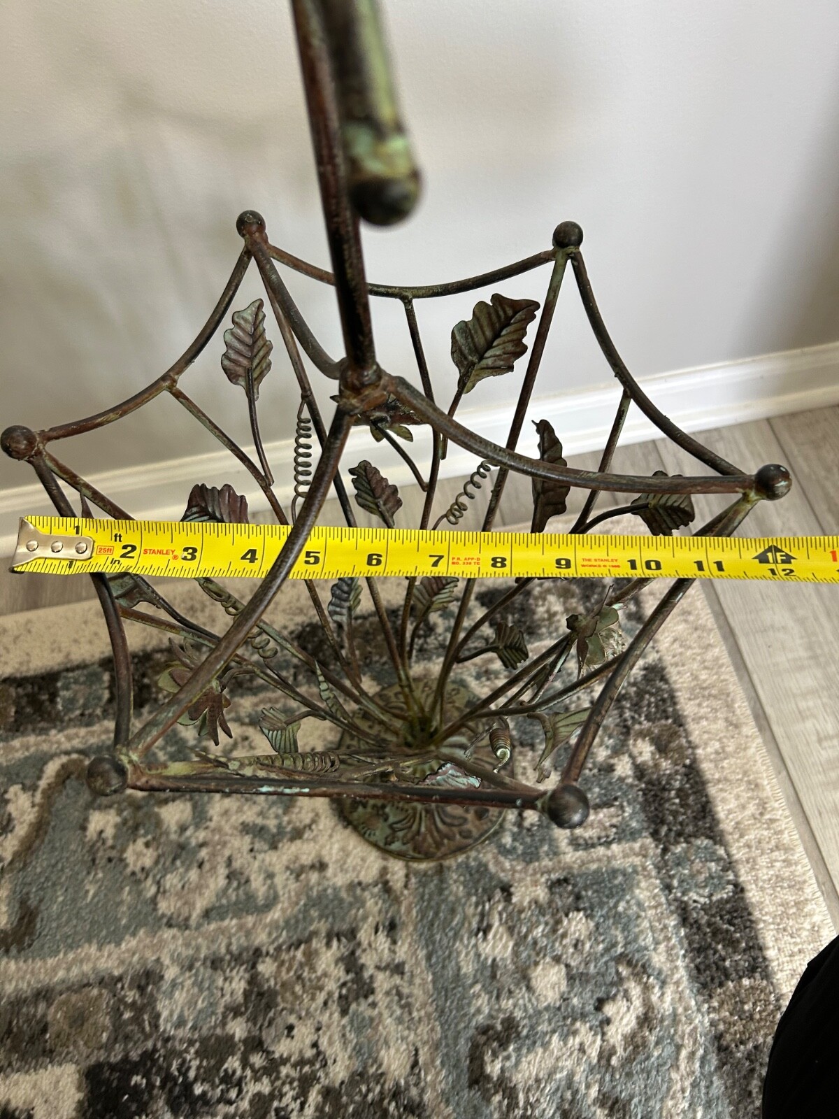 Vintage Wrought Iron Floral & Leaf Green Patina Umbrella Stand app 28” x 12”