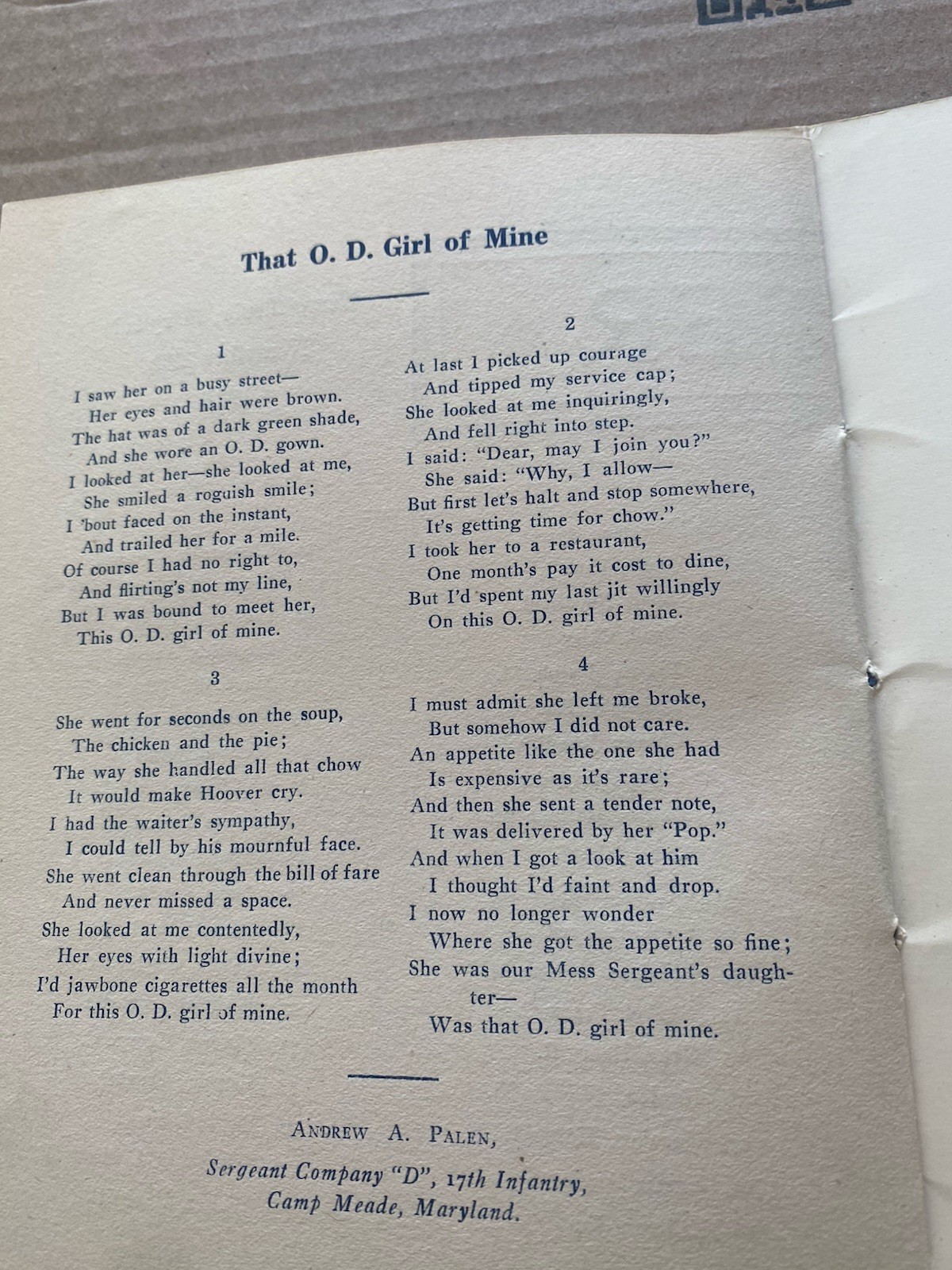 1919 Thanksgiving Military Dinner Menu Roster Camp Meade Maryland Company D