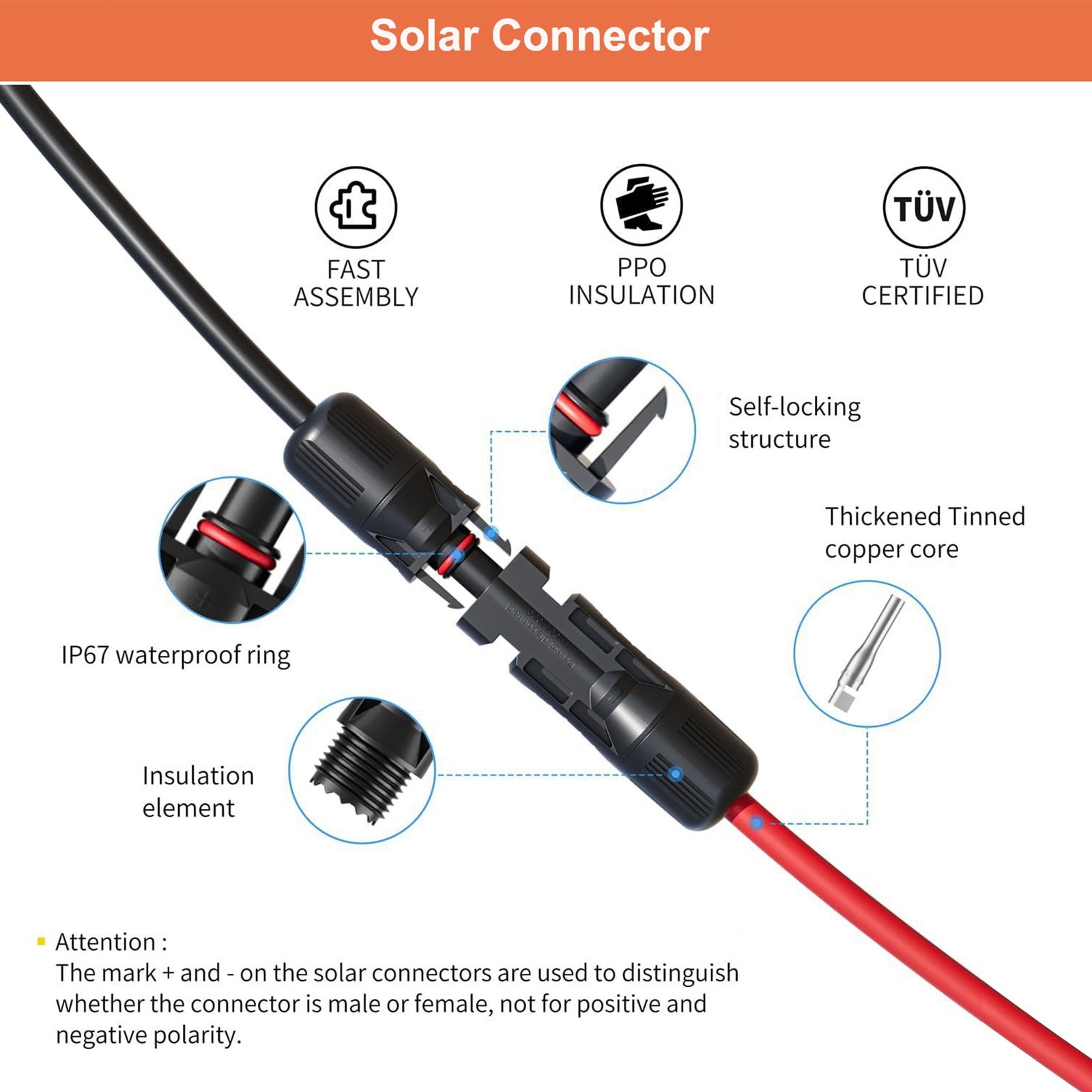50ft Black+Red 10AWG Solar Panel Extension Cable Flexible PV Wire w/ Connectors