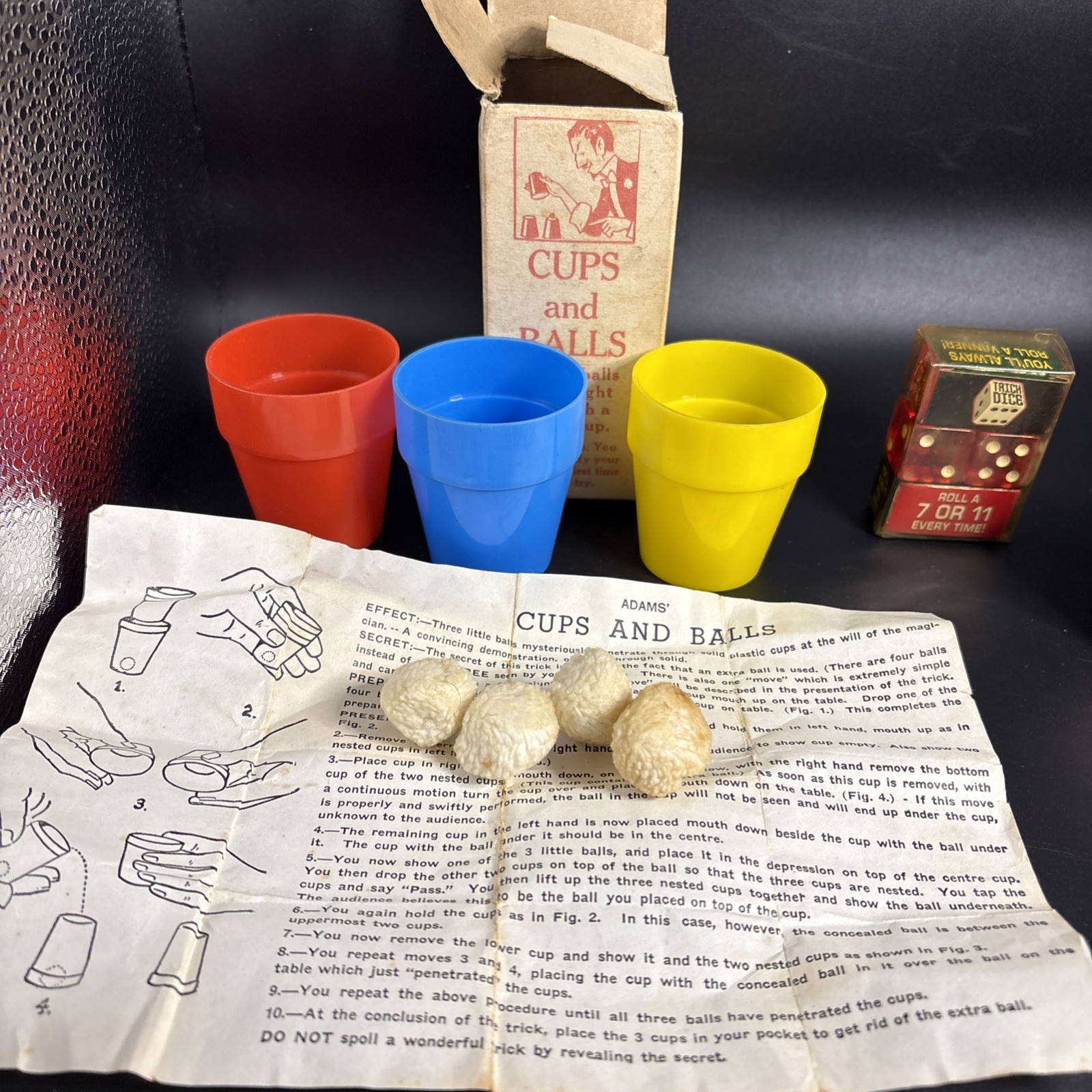 Vintage Magic Tricks, Cups and Balls, 7 Or 11 Dice, TV Magic Cards Lot of 3