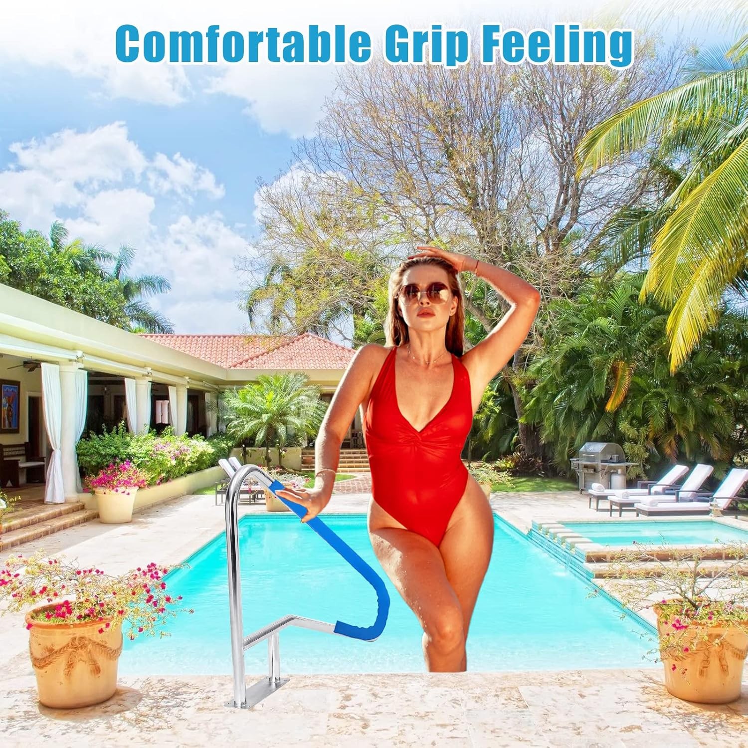 55"x32" Swimming Pool Handrail 385LBS 304 Stainless Steel Non-Slip Pool Railings