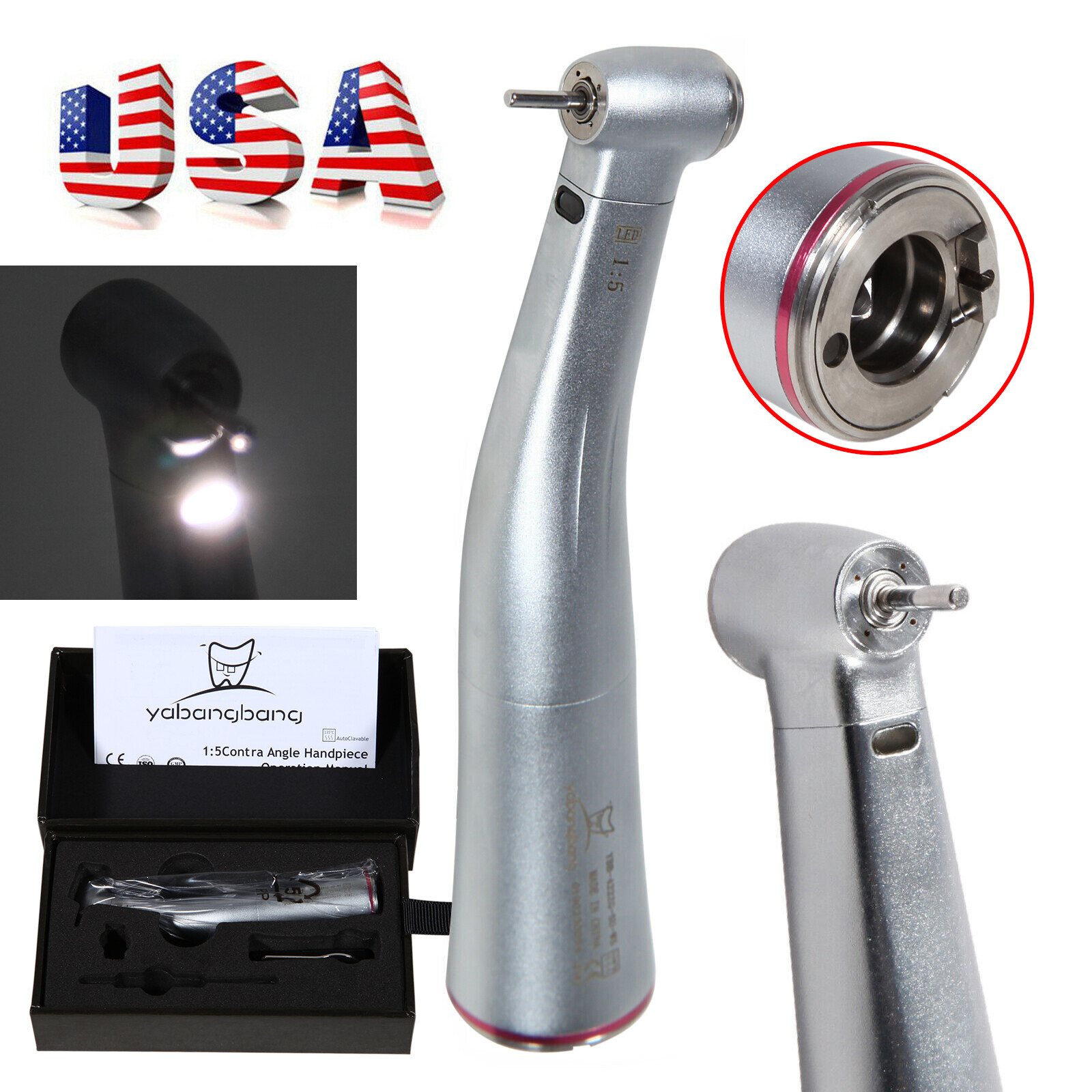 Dental 1:5 Increasing Contra Angle LED Optic Handpiece Fit NSK Electric Motor