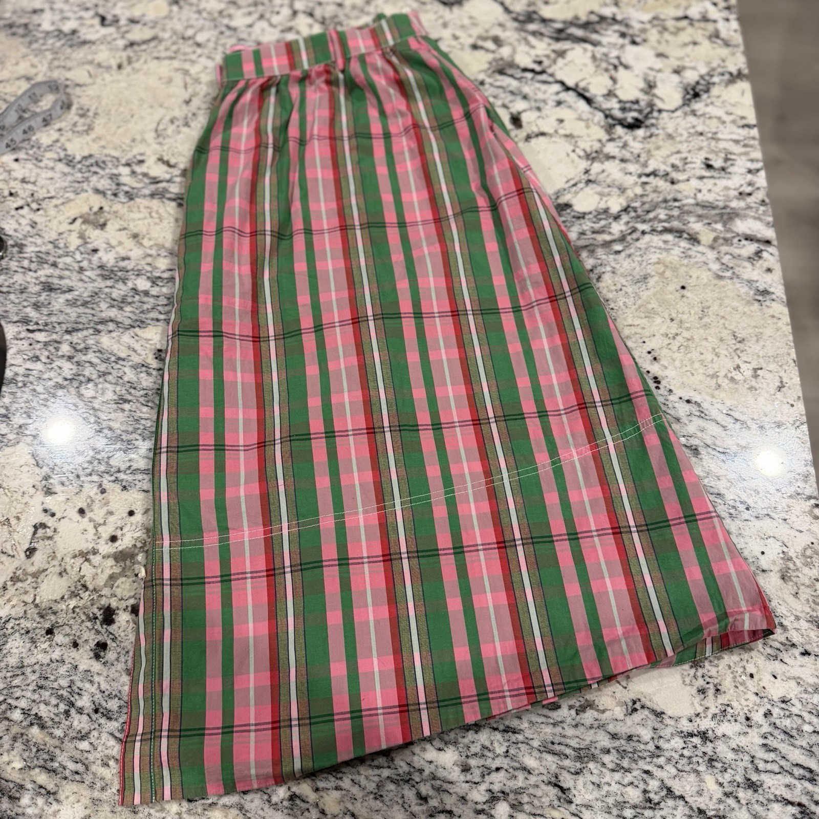 J CREW Midi Skirt 16 Pink Green Plaid Check Organic Cotton Button Front Pocket