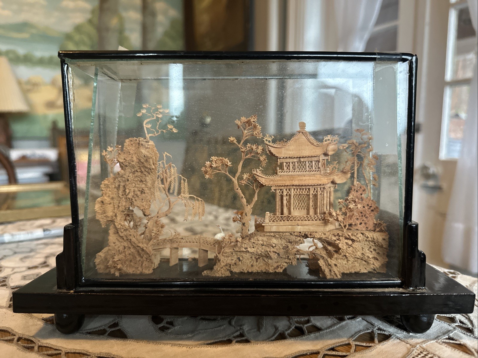 VTG Fujian Chinese Art Sculpture Diorama Cork Wood Carving Trees Crane Pagoda