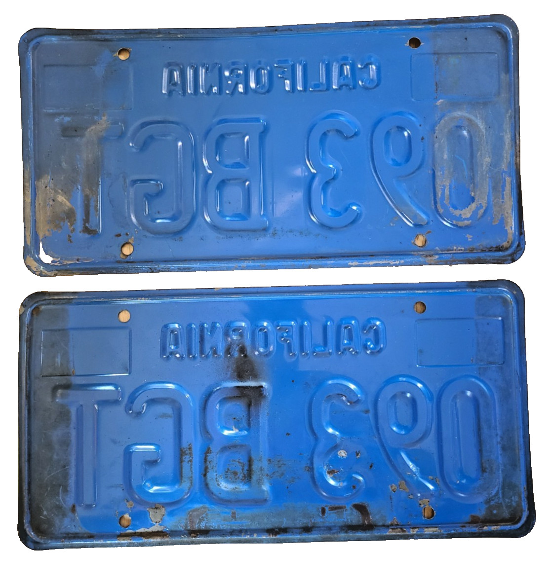 Pair 1970s California BLUE License Plates 1970s - 093 BGT - 1975 - DMV Clear
