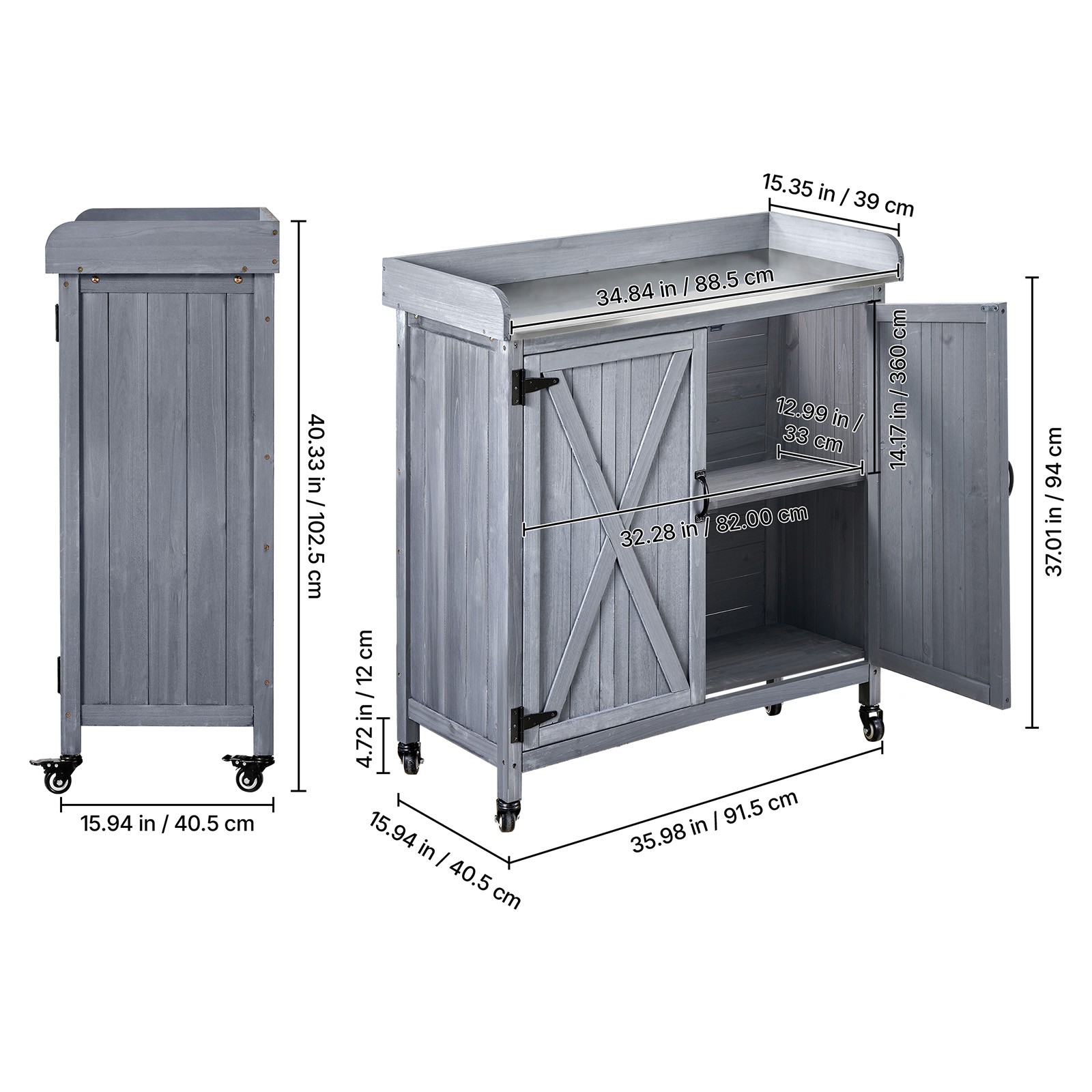 Uimoso Outdoor Wooden Potting Bench with Iron Work Surface and Storage Cabinet