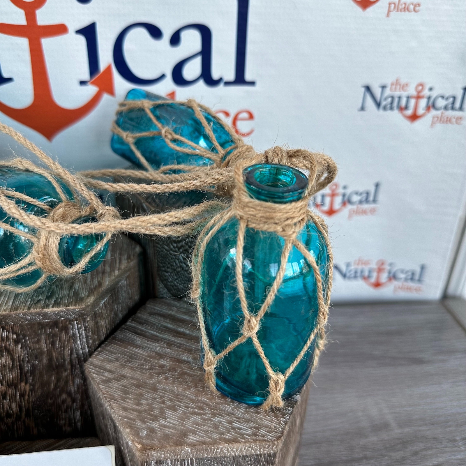 5 - Aqua Glass Bottles On Rope - Nautical Fish Net Buoy Ball Floats, Beach Decor