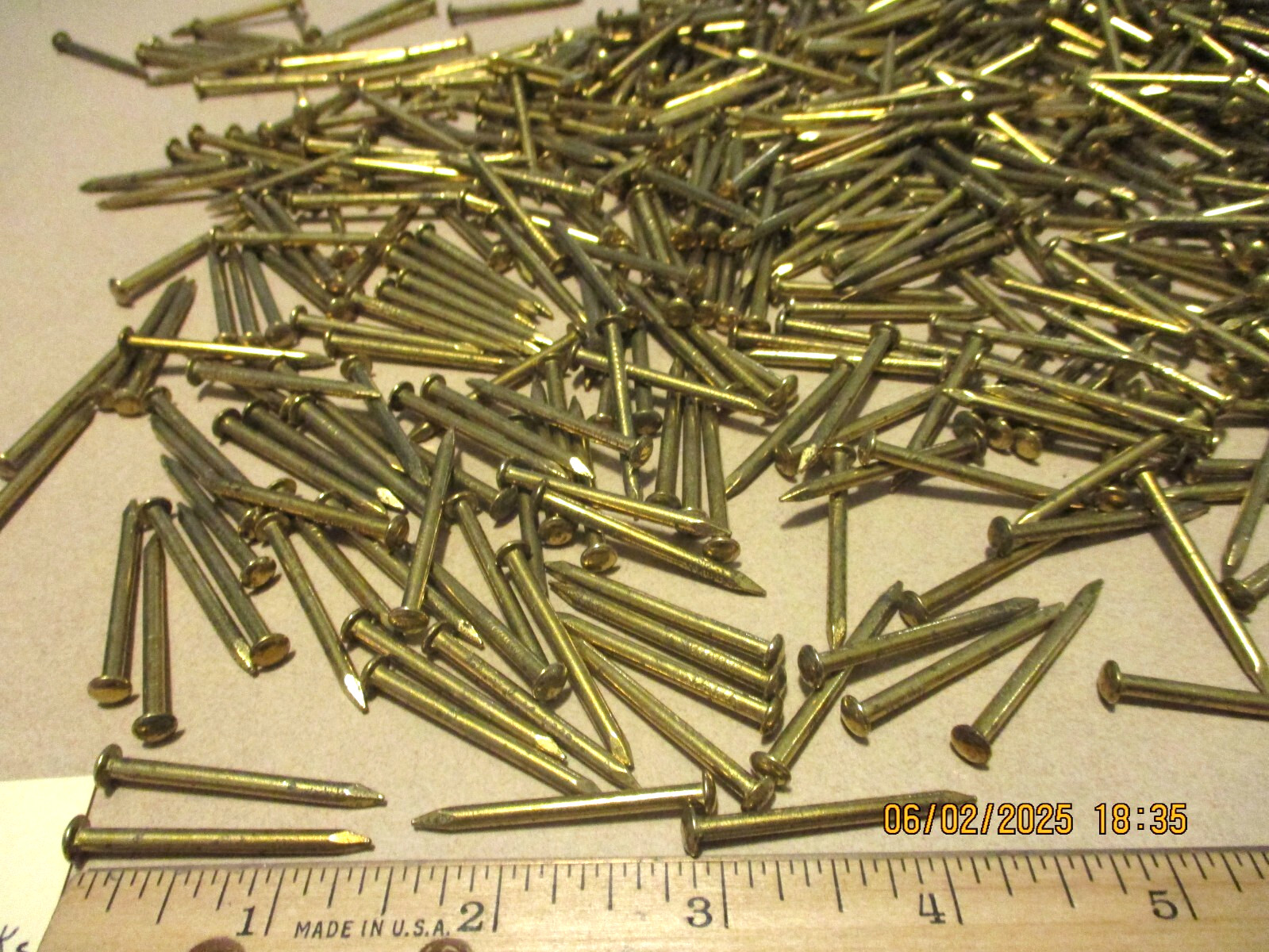 REAL NICE LOT OF 100--1 3/8" LONG X JUST UNDER 1/8" SHANK BRASS PLATED NAILS