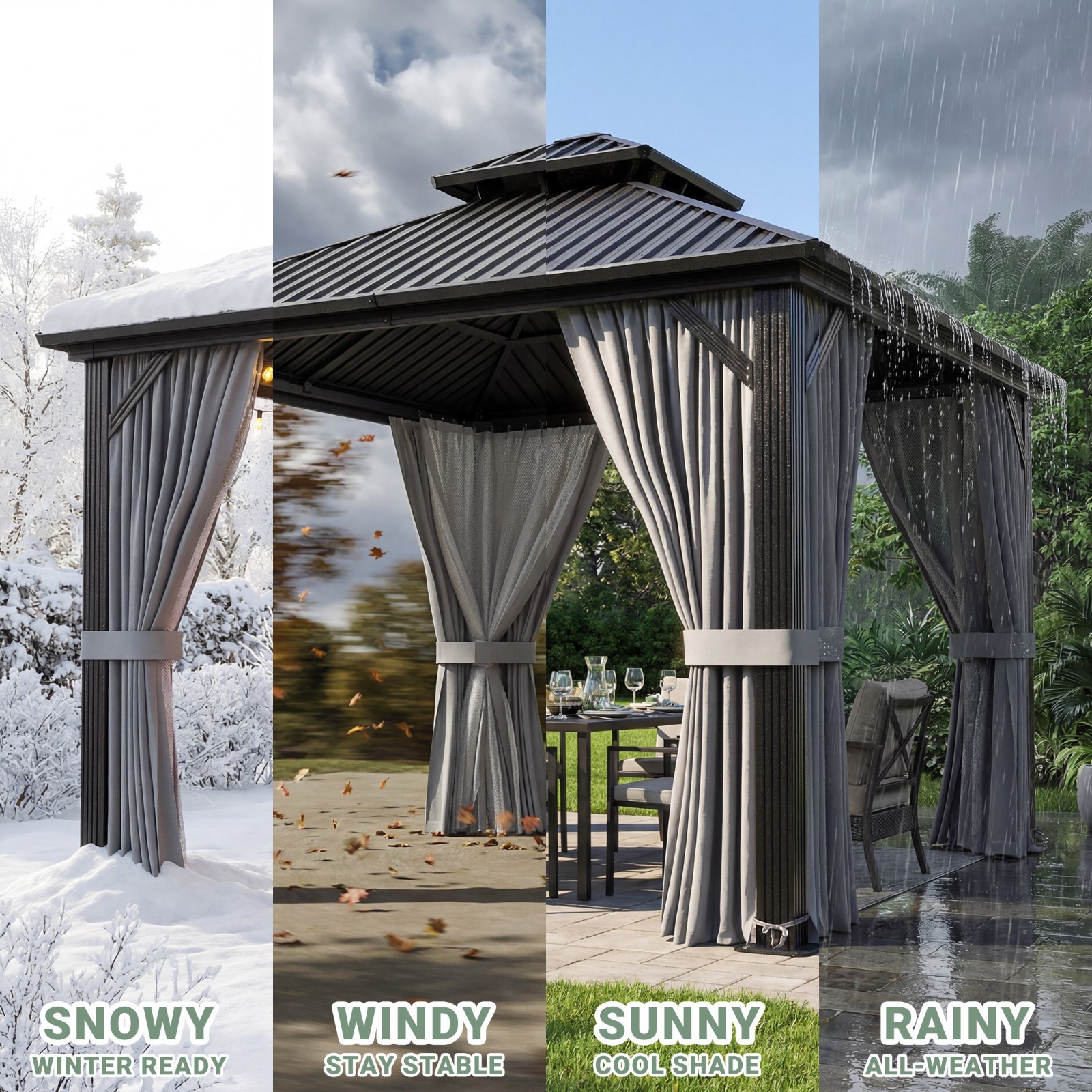 10 x 12 ft Hardtop Gazebo Steel Double Roof with Curtains