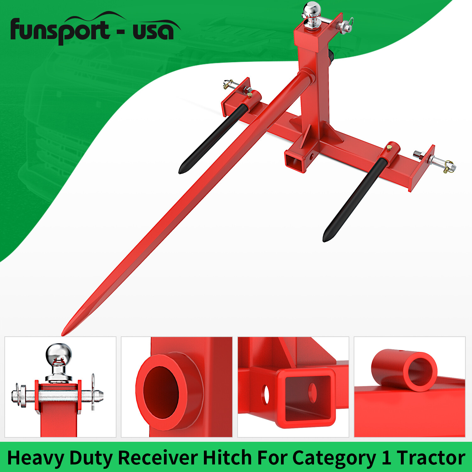 49" 3 Pt Trailer Receiver Hitch Hay Bale Spear Cat 1 Multi-function 3000 LBS