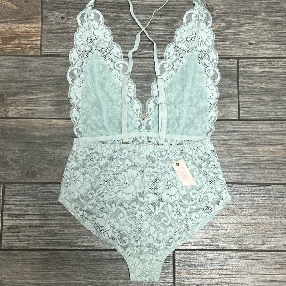 NWT Free People X HAH Comin in Haht Lace Bodysuit lingerie Top XS Something Blue