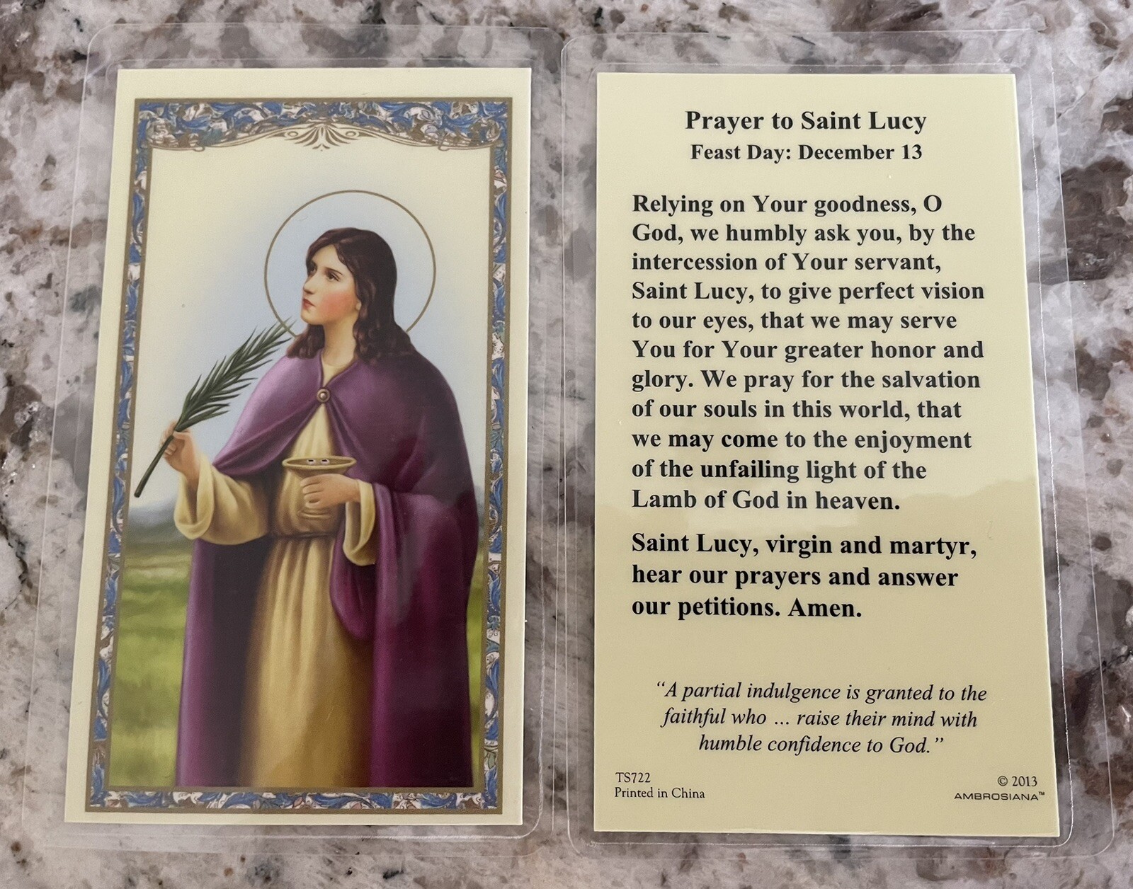 Prayer to Saint Lucy Laminated Holy Card