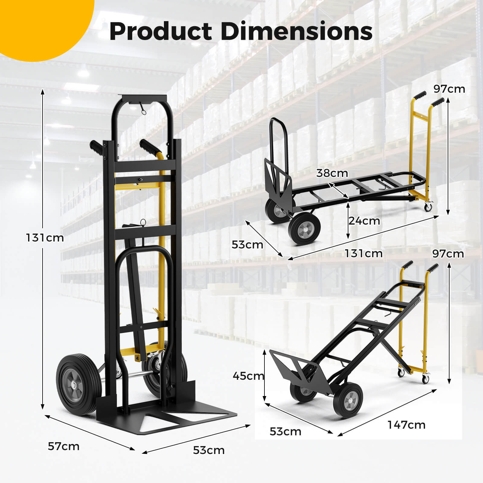 3-in-1 Convertible Hand Truck w/ 4 Rubber Wheels 1000 lbs Max Load Capacity