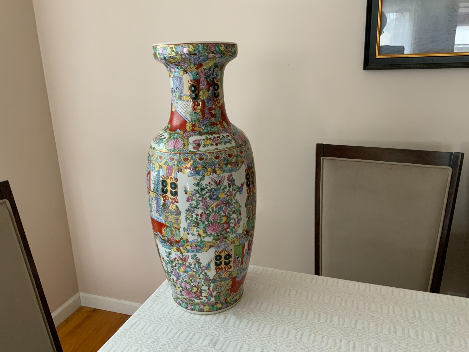 Large 24" Vintage Chinese Polychrome floor vase scenes flowers people