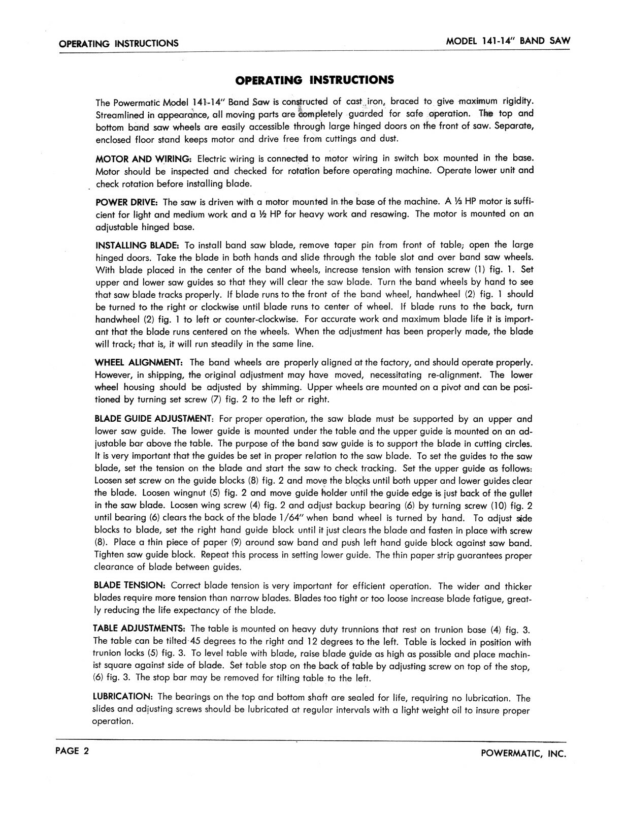 Powermatic 14" Bandsaw Model 141 Op Instructions & Parts Manual #1473