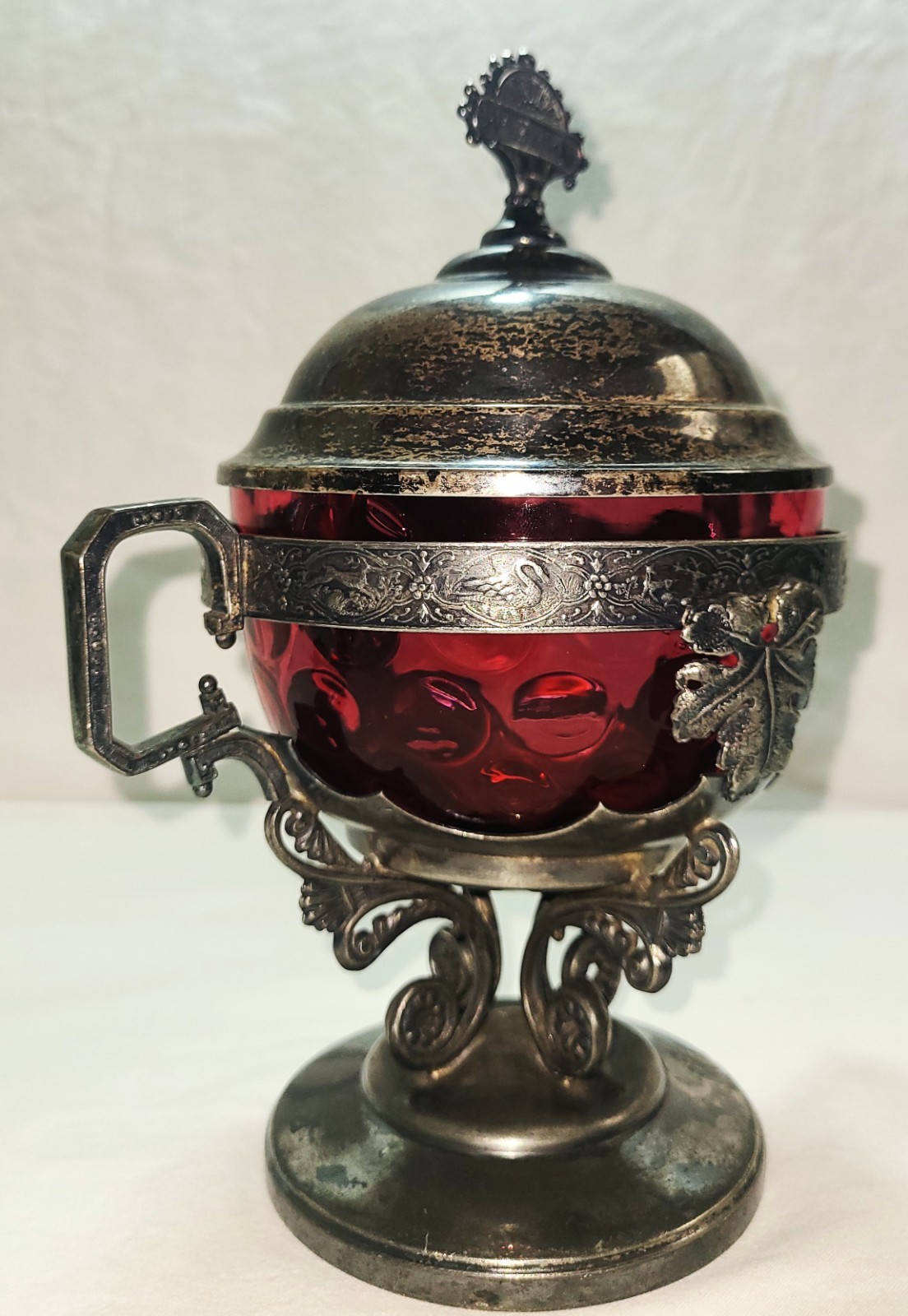 Antique Webster Silverplate Cranberry Thumbprint Glass Candy Dish Lid Victorian