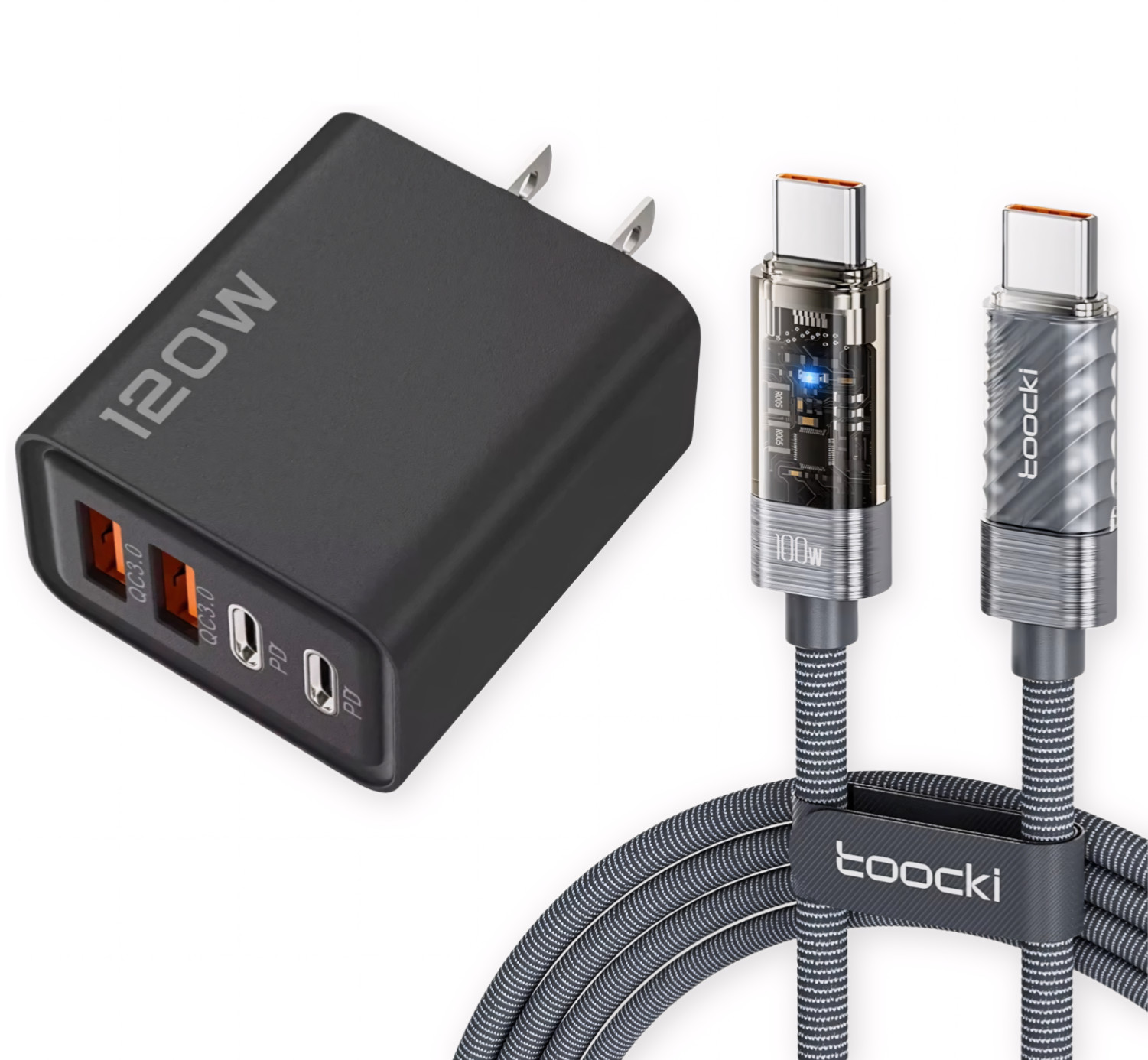 120W 4-Port USB-C PD Fast Charger US Plug + Toocki 100W USB-C Cable 1m Set