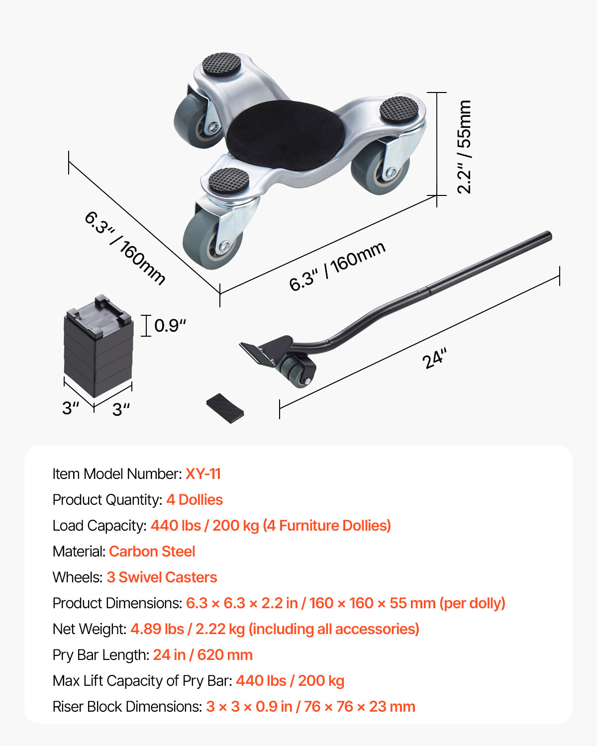 Furniture Dolly 4 pcs Steel Tri-dolly Set Furniture Mover 440 lbs Capacity
