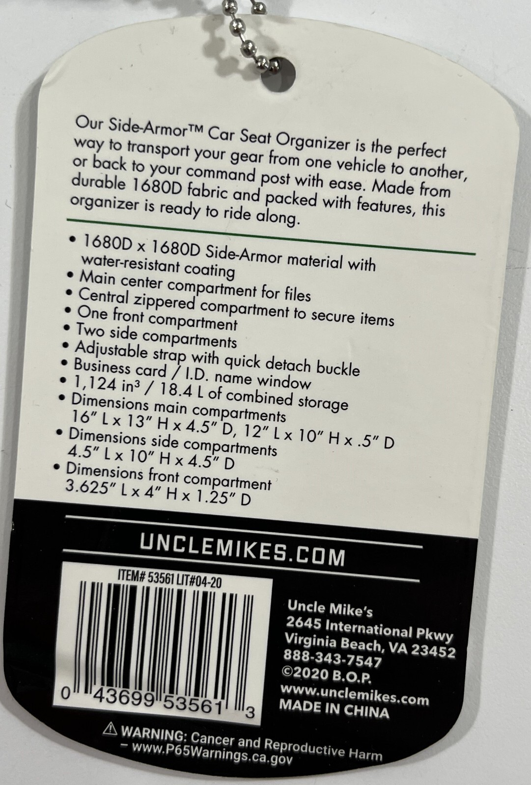 NEW UNCLE MIKE'S EQUIPMENT SIDE ARMOR PATROL CAR SEAT ORGANIZER BAG 53561 BLACK